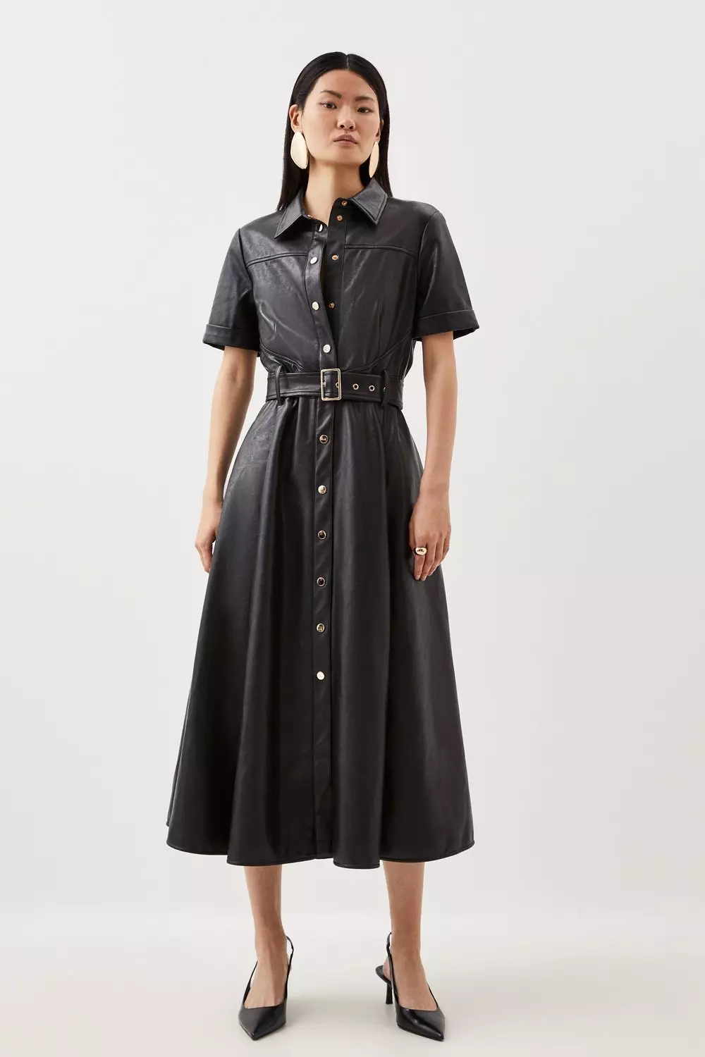 Petite Faux Leather Belted Midi Shirt Dress Karen Millen