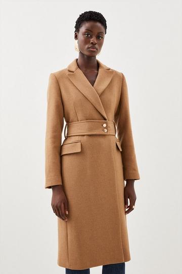 Italian Wool Mix Button Detail Belted Midi Coat camel