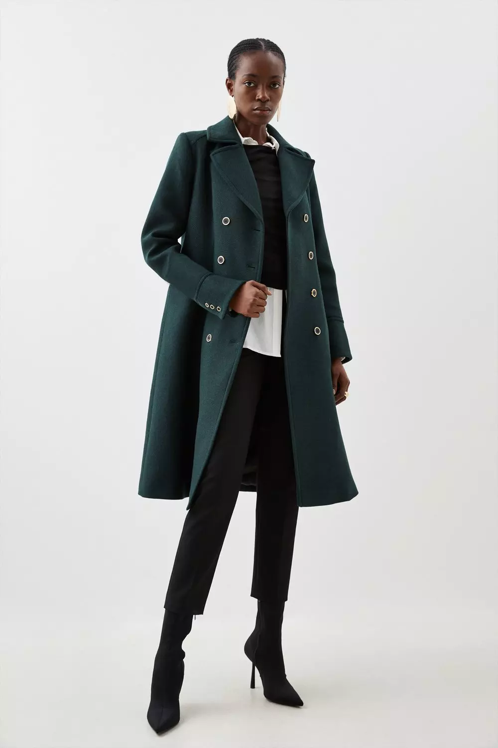 Italian Manteco Wool Mix Military Double Breasted Midi Coat | Karen Millen