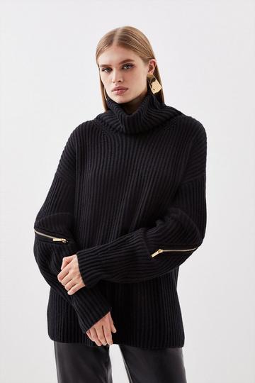 Cashmere Wool Mid Gg Roll Neck Knit Zip Detail Jumper black