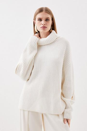 Cream White Cashmere Blend Turtleneck Knit Zip Detail Sweater