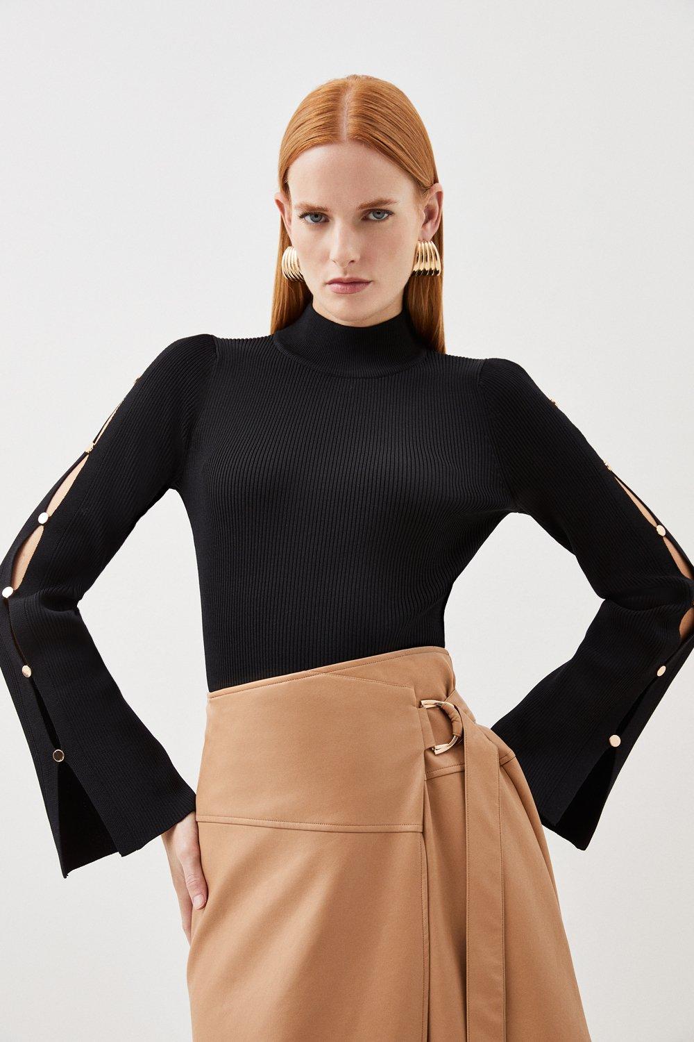 Viscose Blend Rib Knit Button Detail Top | Karen Millen