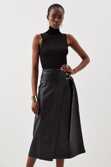 Black Faux Leather Tie Detail Wrap Midi Skirt