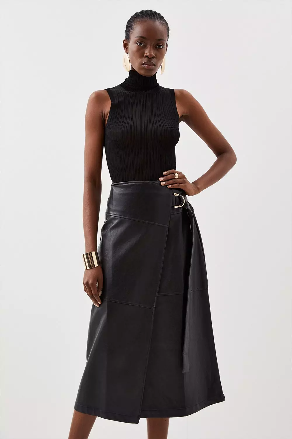 Faux Leather Tie Detail Wrap Midi Skirt | Karen Millen