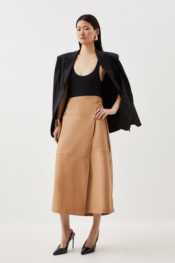 Faux Leather Tie Detail Wrap Midi Skirt camel