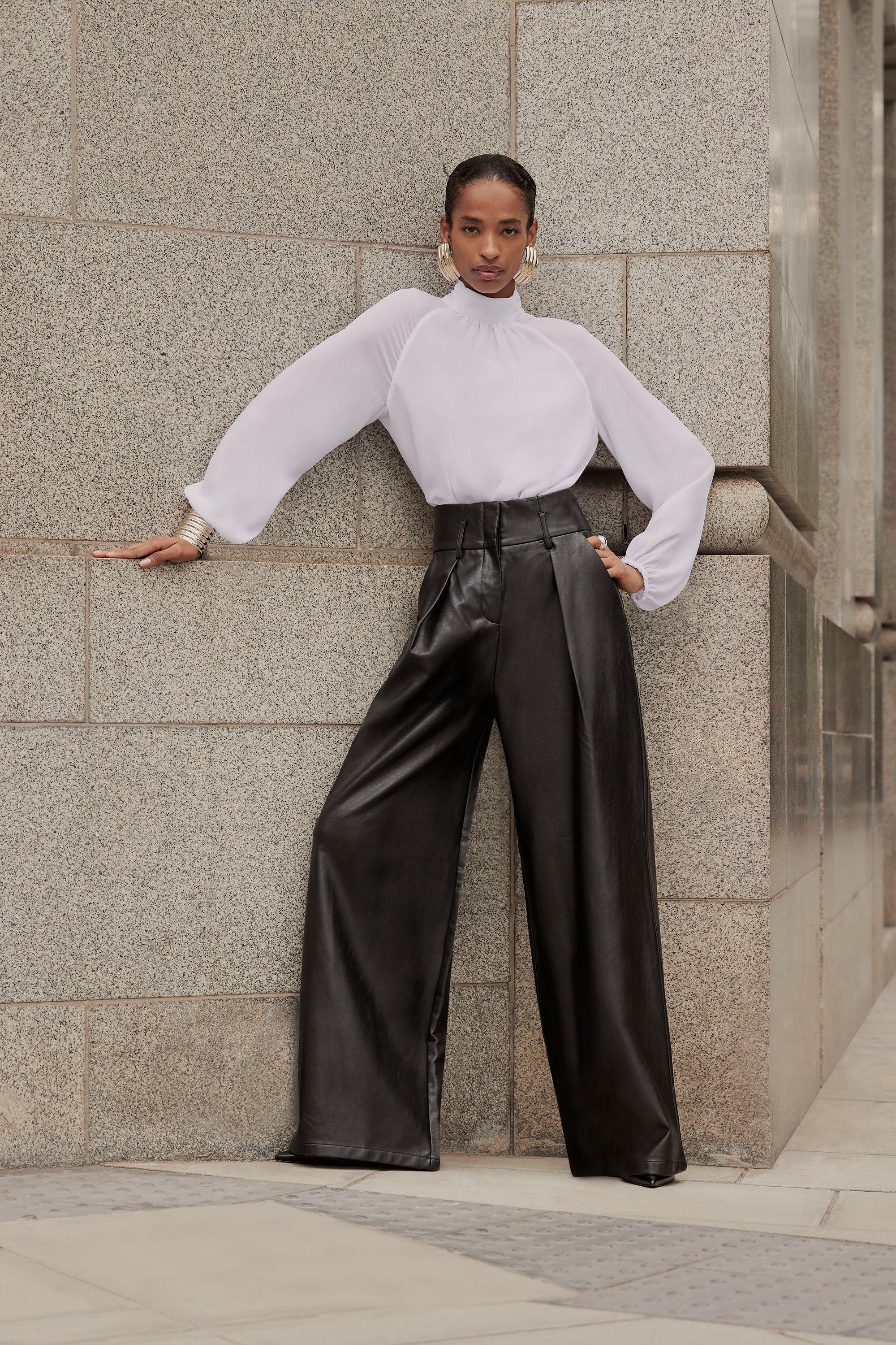 Faux Leather High Waisted Wide Leg Trousers | Karen Millen