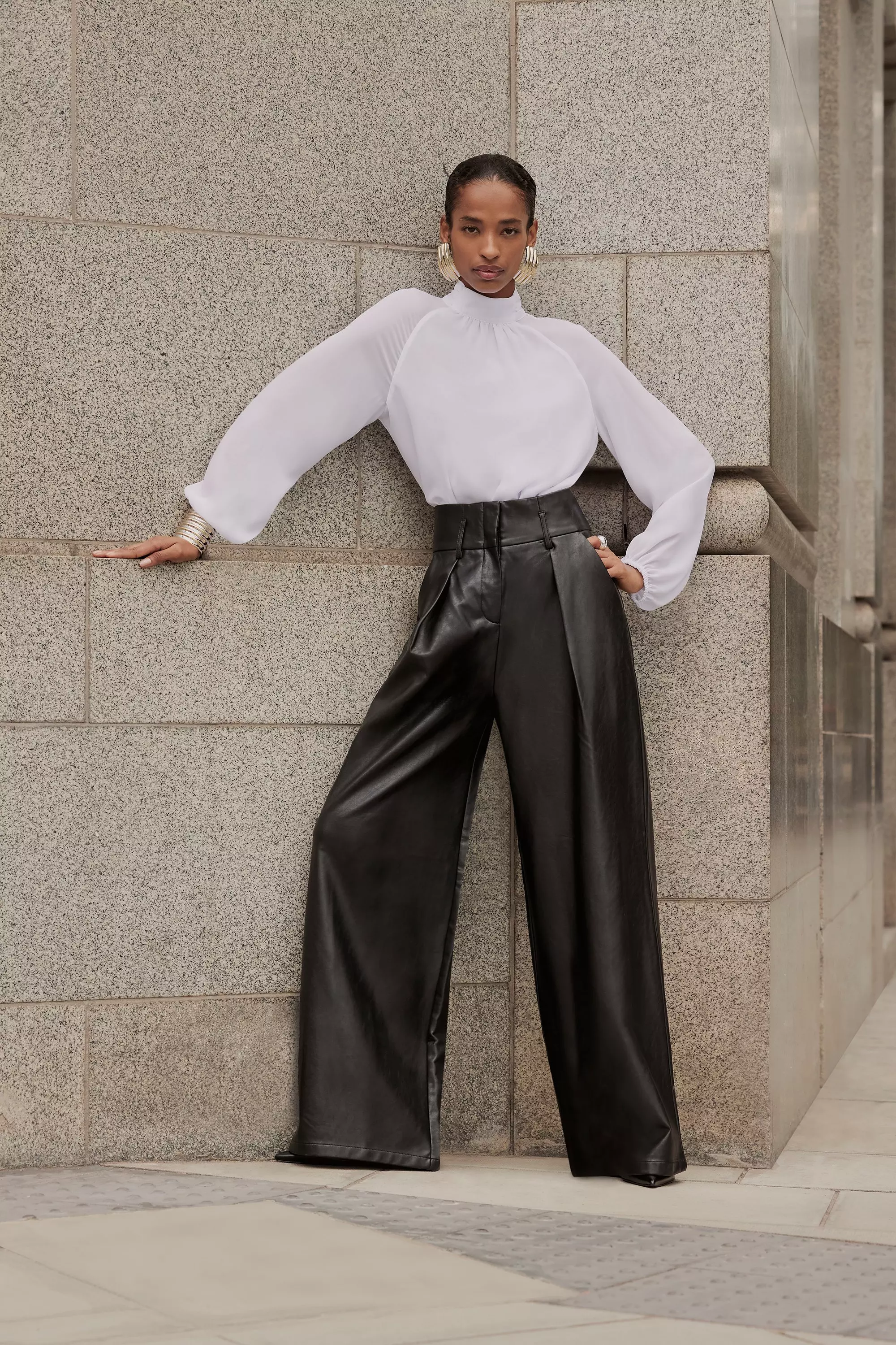 Faux Leather High Waisted Wide Leg Pants | Karen Millen