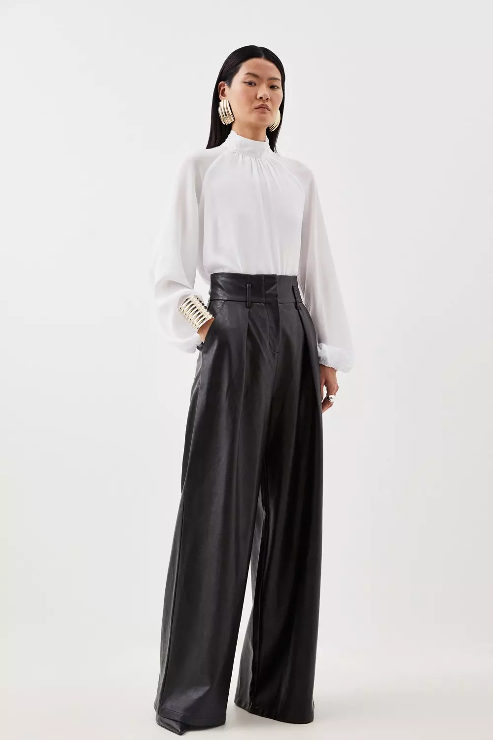 Only Black Petite High Waisted Faux Leather Workwear Trousers