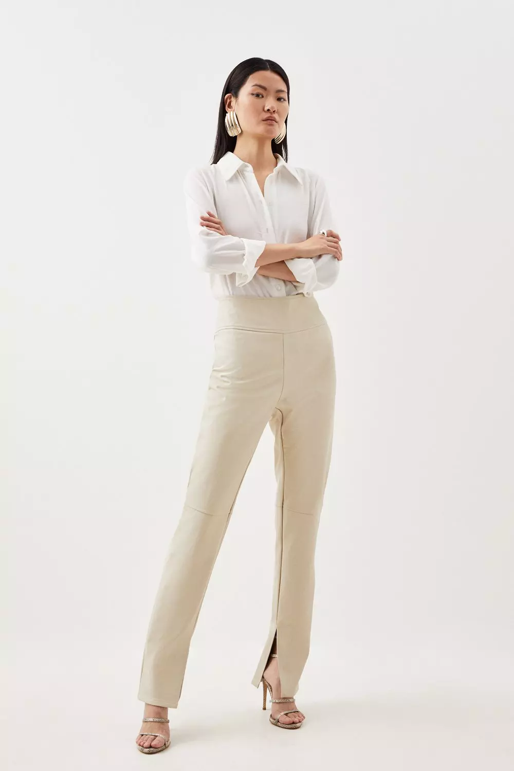 High Waisted Leather Leggings - Cream