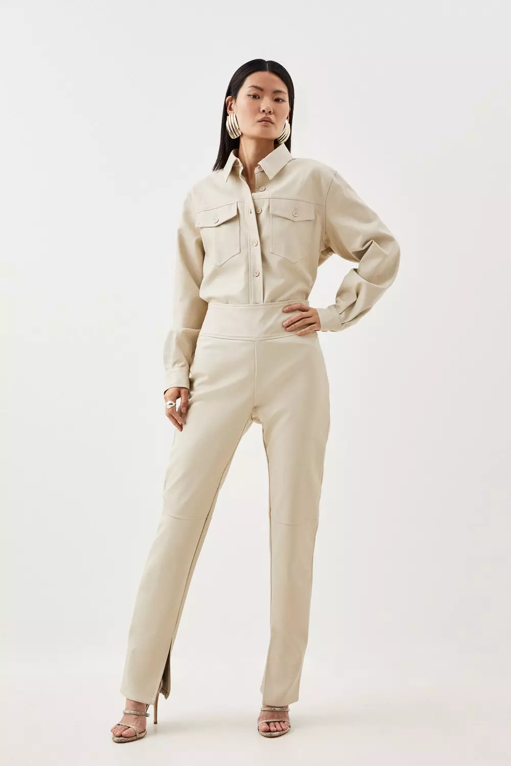 Leather-effect leggings with split hems - Women