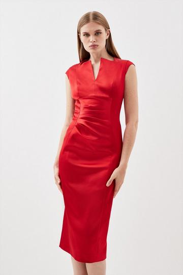 Red Italian Satin Envelope Neck Pencil Tailored Midi Dress