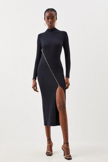 Navy Viscose Blend Rib Knit Zip Detail Asymmetric Dress