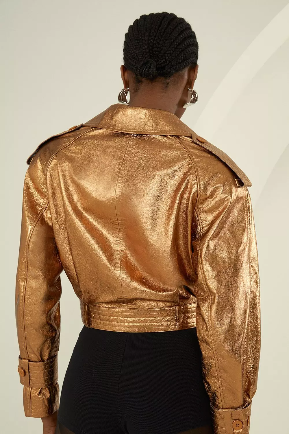 Metallic Leather Cropped Bomber Jacket