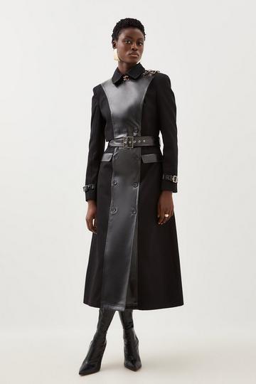 Black Pu Detail Belted Cotton Maxi Trench Coat