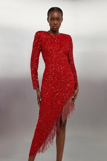 Red Thigh High Split Embellished Woven Fringed Midi