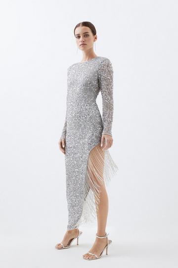 Silver Petite Thigh High Split Embellished Fringed Woven Midi Dress