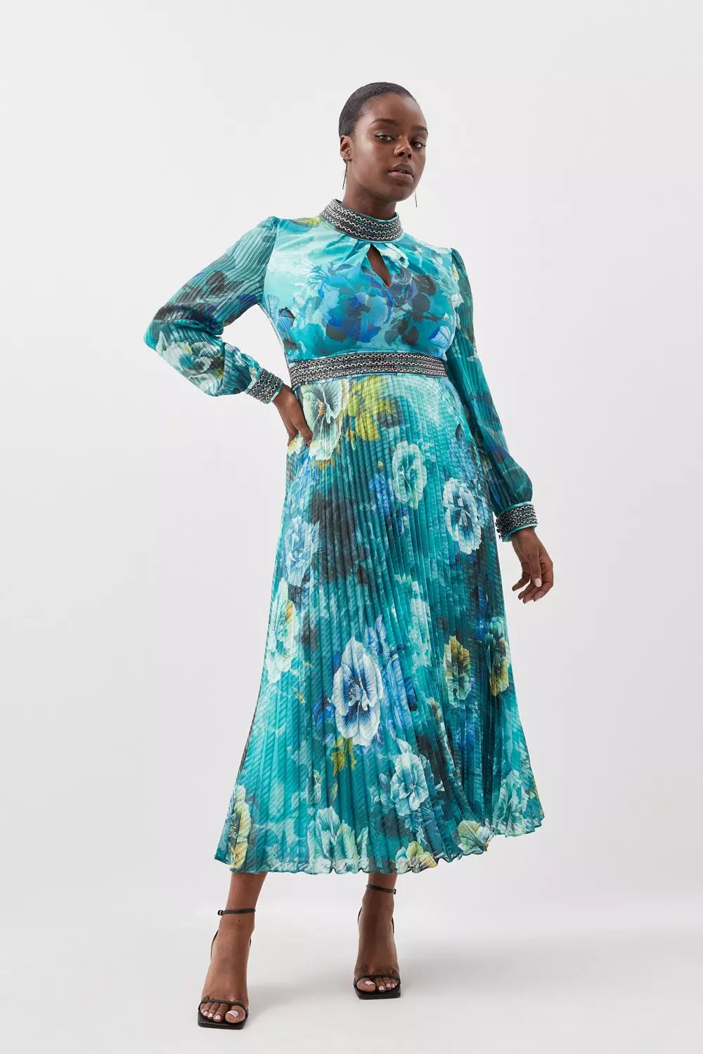 Plus Emerald Green Floral Print Long Sleeve Pleated Midi Dress