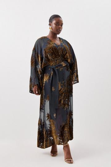 Plus Size Feather Devore Woven Kimono Maxi Dress navy