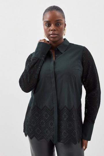 Navy Plus Size Cotton Broderie Woven Blouse