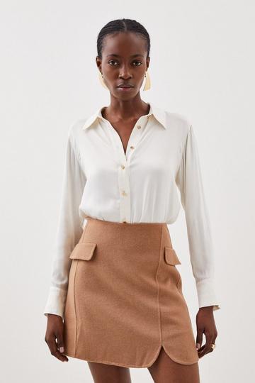 Tailored Double Faced Wool Blend Pocket Detail Mini Wrap Skirt camel