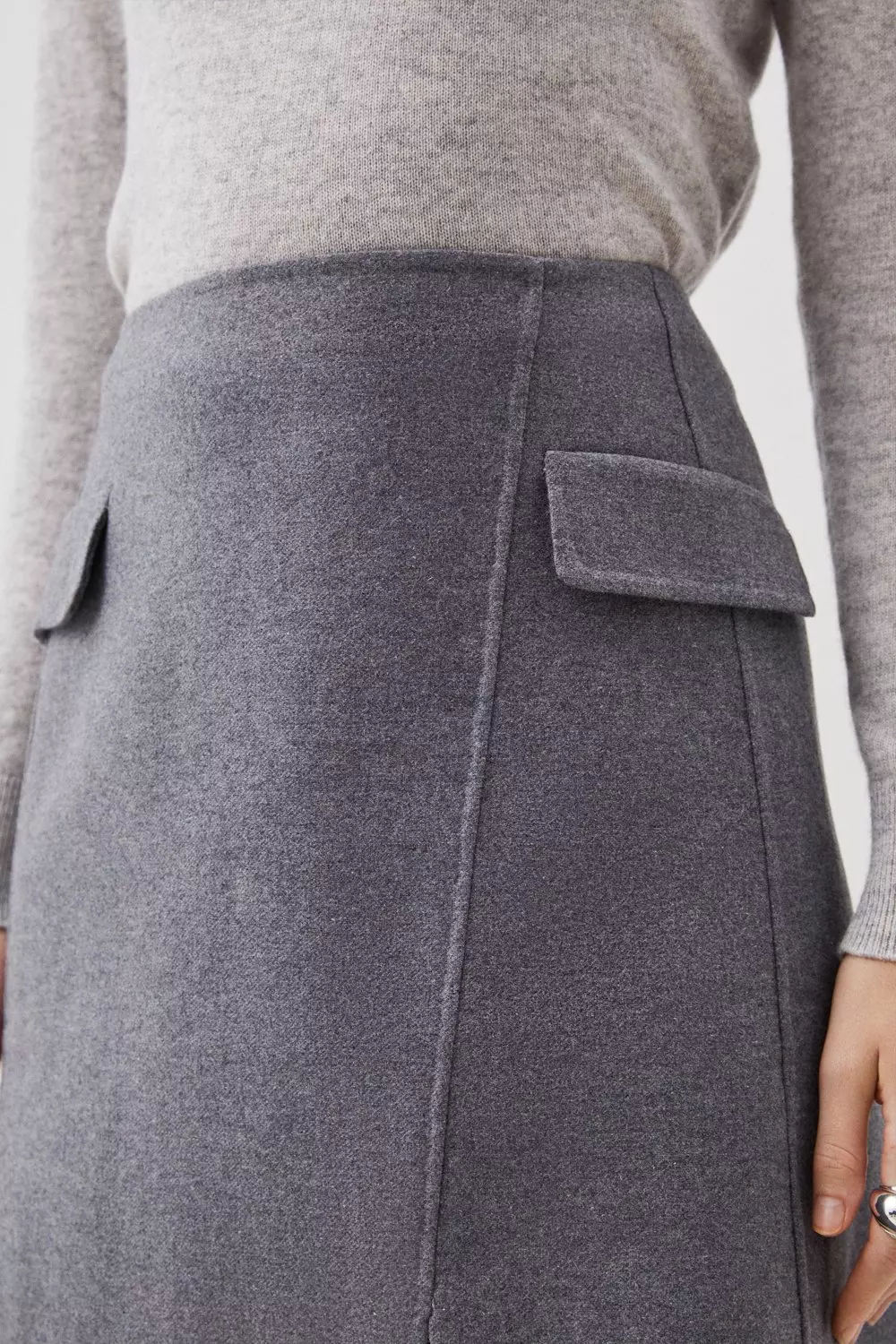 Tailored Double Faced Wool Blend Pocket Detail Mini Wrap Skirt