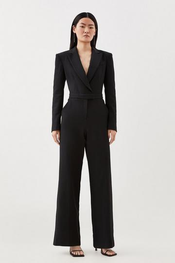 Black Compact Stretch Tailored Long Sleeve Wide Leg Jumpsuit