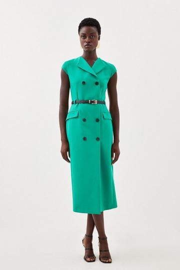 Clean Tailored Cap Sleeve Belted Midi Dress green