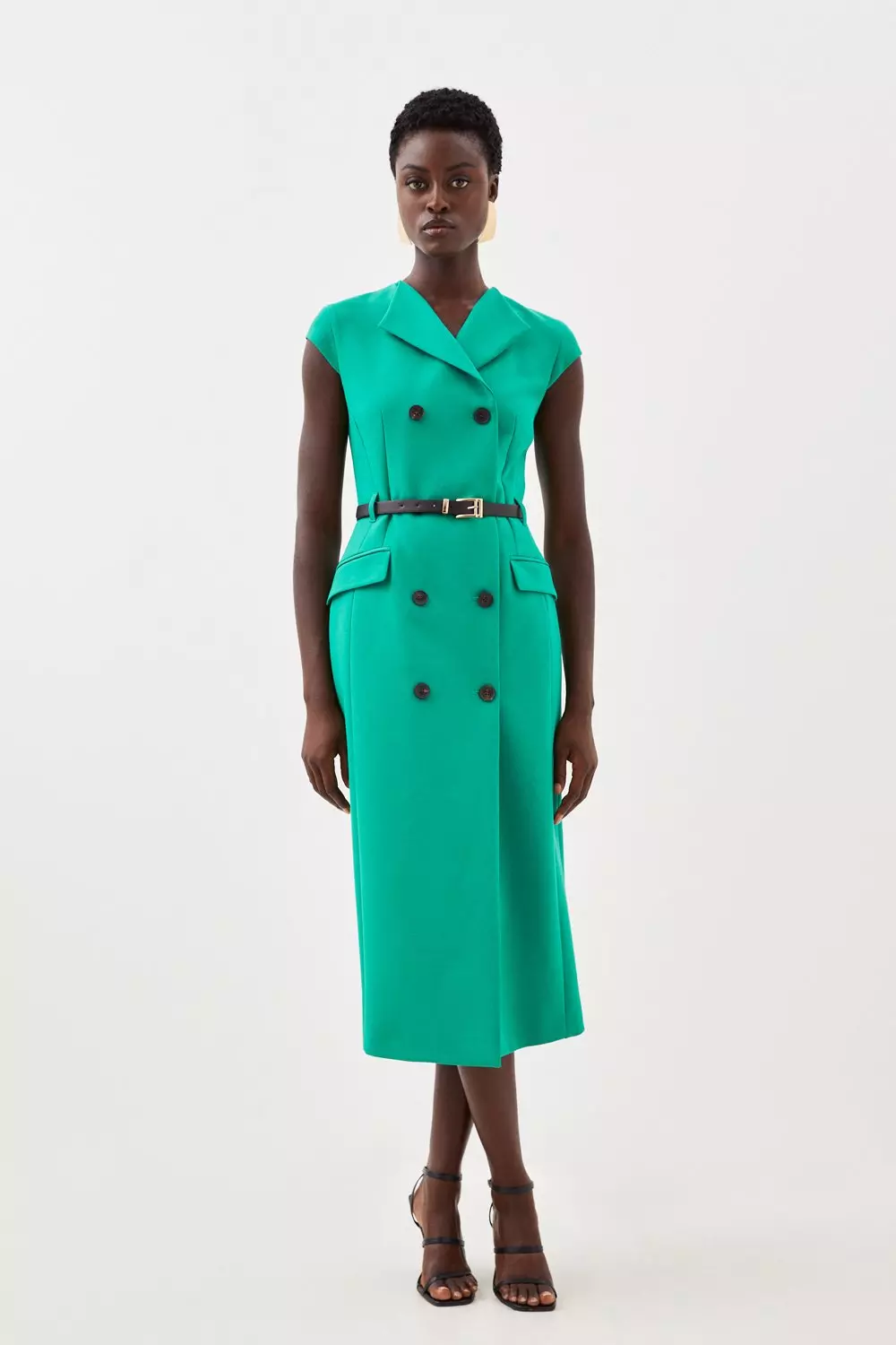 Clean Tailored Cap Sleeve Belted Midi Dress Karen Millen