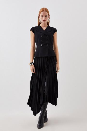Black Clean Tailored Cap Sleeve Belted Asymmetric Pleated Midi Dress