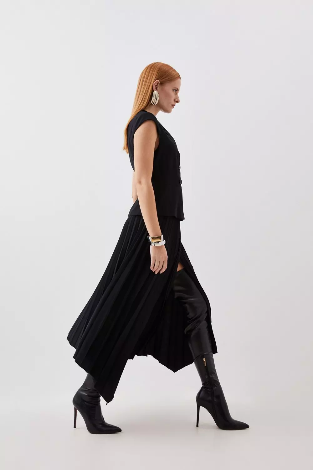 Clean Tailored Cap Sleeve Belted Asymmetric Pleated Midi Dress