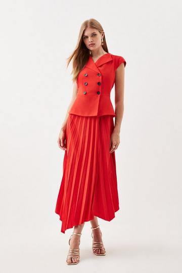 Clean Tailored Cap Sleeve Belted Asymmetric Pleated Midi Dress red