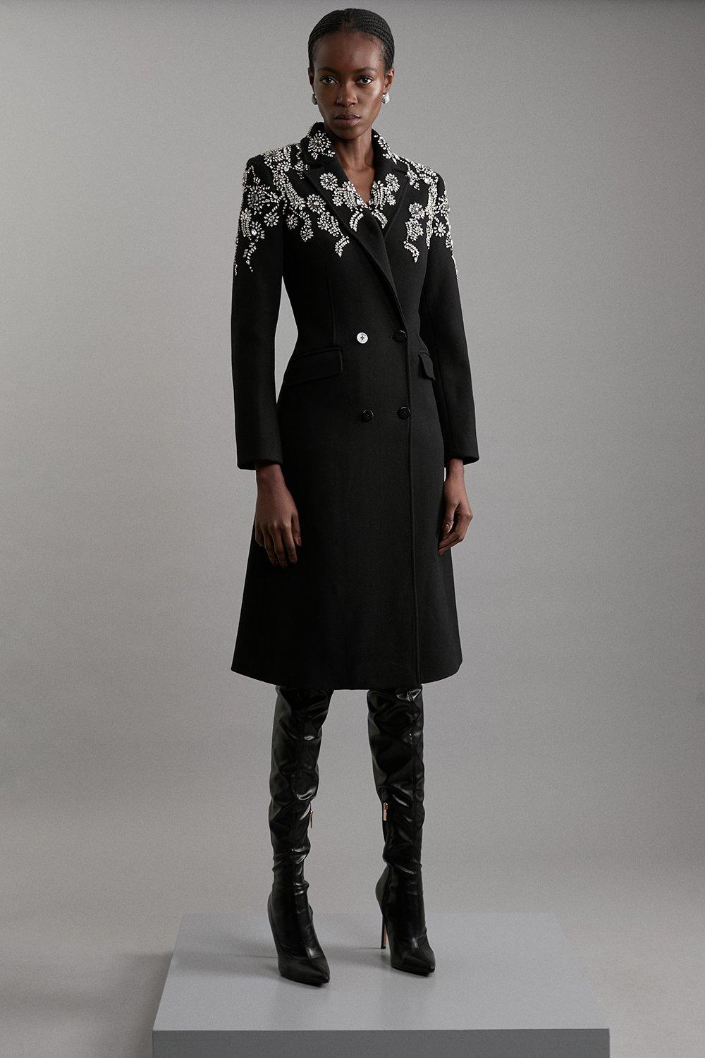 Tailored Wool Blend Embellished Double Breasted Midi Coat - Black