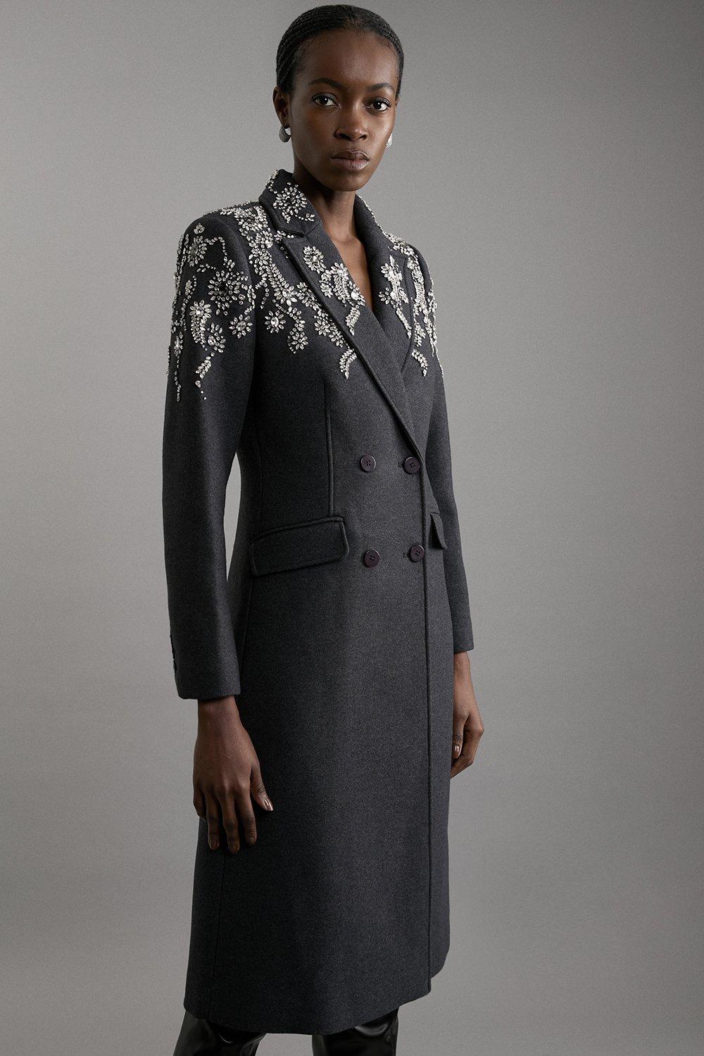 Tailored Wool Blend Embellished Double Breasted Midi Coat - Grey