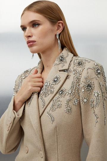 Tailored Wool Blend Embellished Double Breasted Coat oatmeal