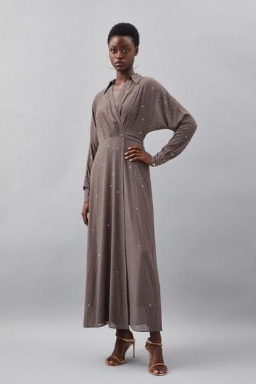 Embellished Plunge Batwing Woven Maxi Dress silver