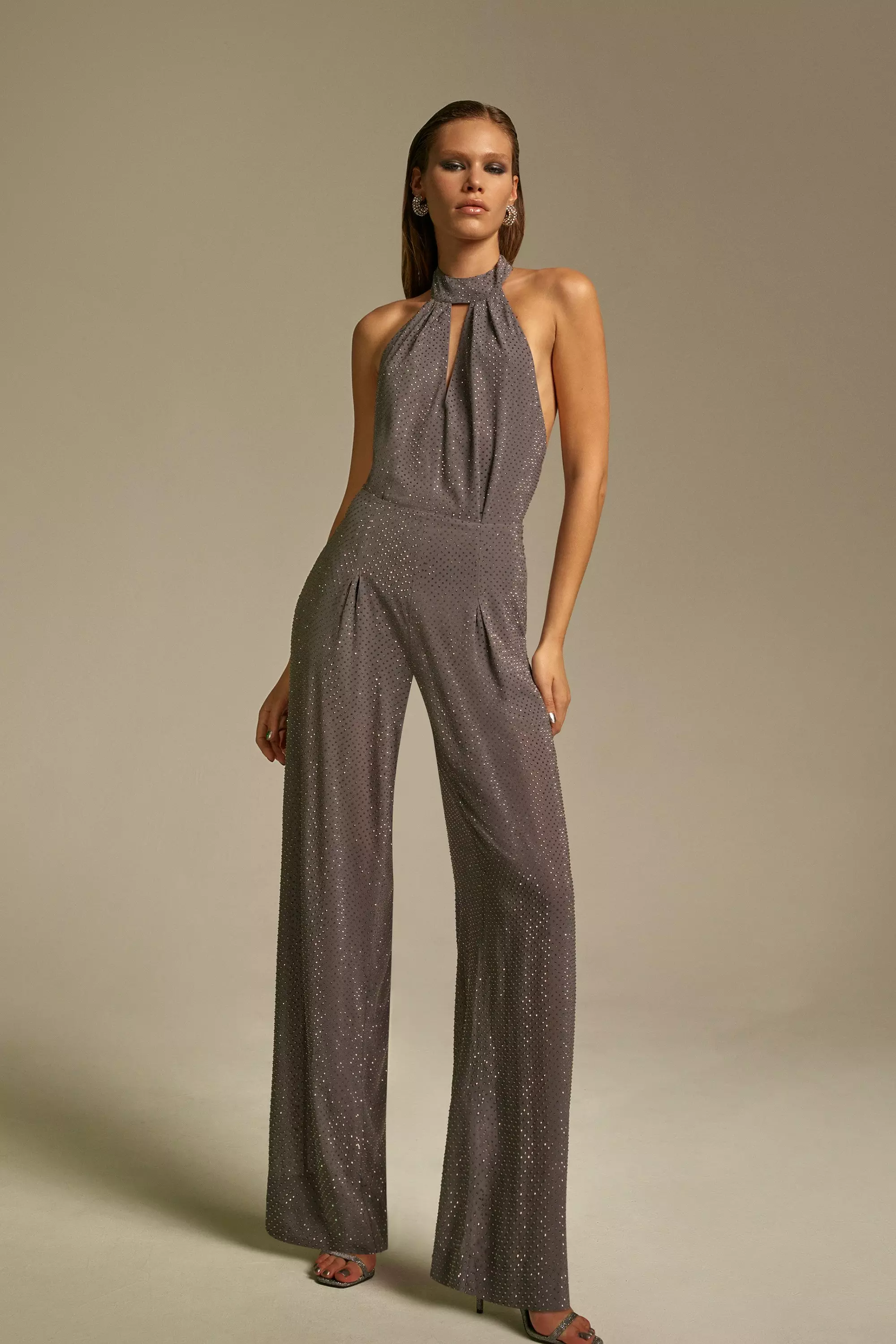 Embellished Halterneck Wide Leg Jersey Jumpsuit