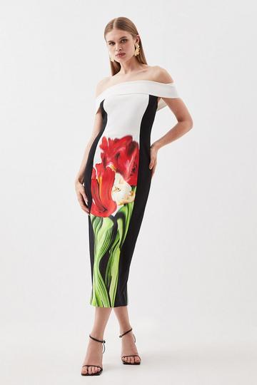 Italian Signature Stretch Bardot Blurred Floral Print Midi Dress multi