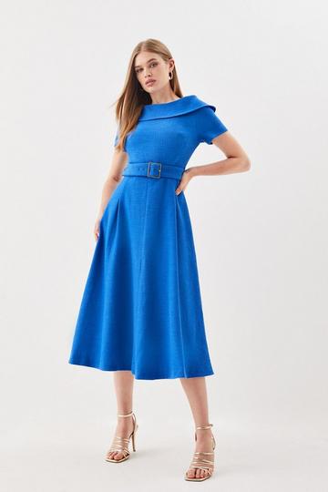 Blue Tailored Roll Neck Tweed Bardot Belted Full Skirt Midi Dress