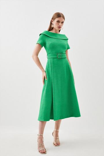 Tailored Turtleneck Tweed Off The Shoulder Belted Full Skirt Midi Dress green