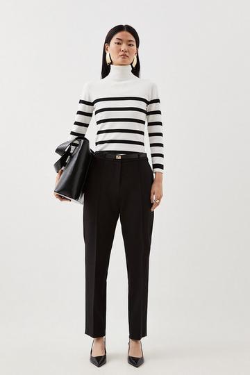 Black Compact Stretch Tailored Waist Detail Straight Leg Trousers
