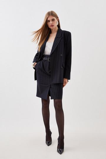 Tailored Strong Shoulder Striped Double Breasted Blazer black