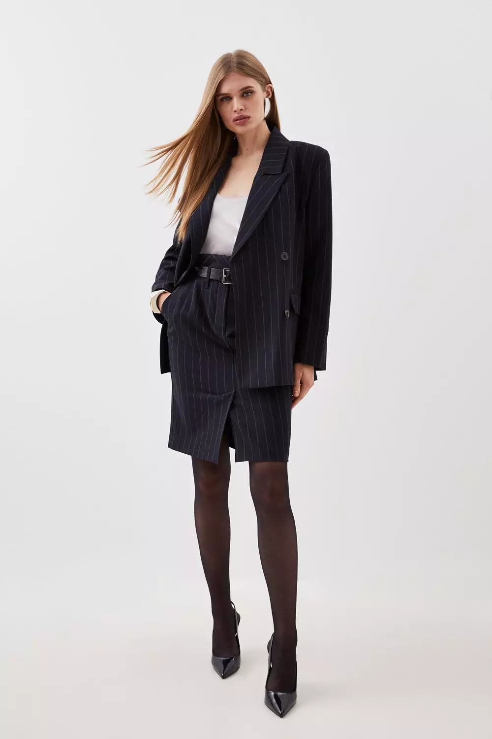 Tailored Strong Shoulder Striped Double Breasted Blazer Karen Millen