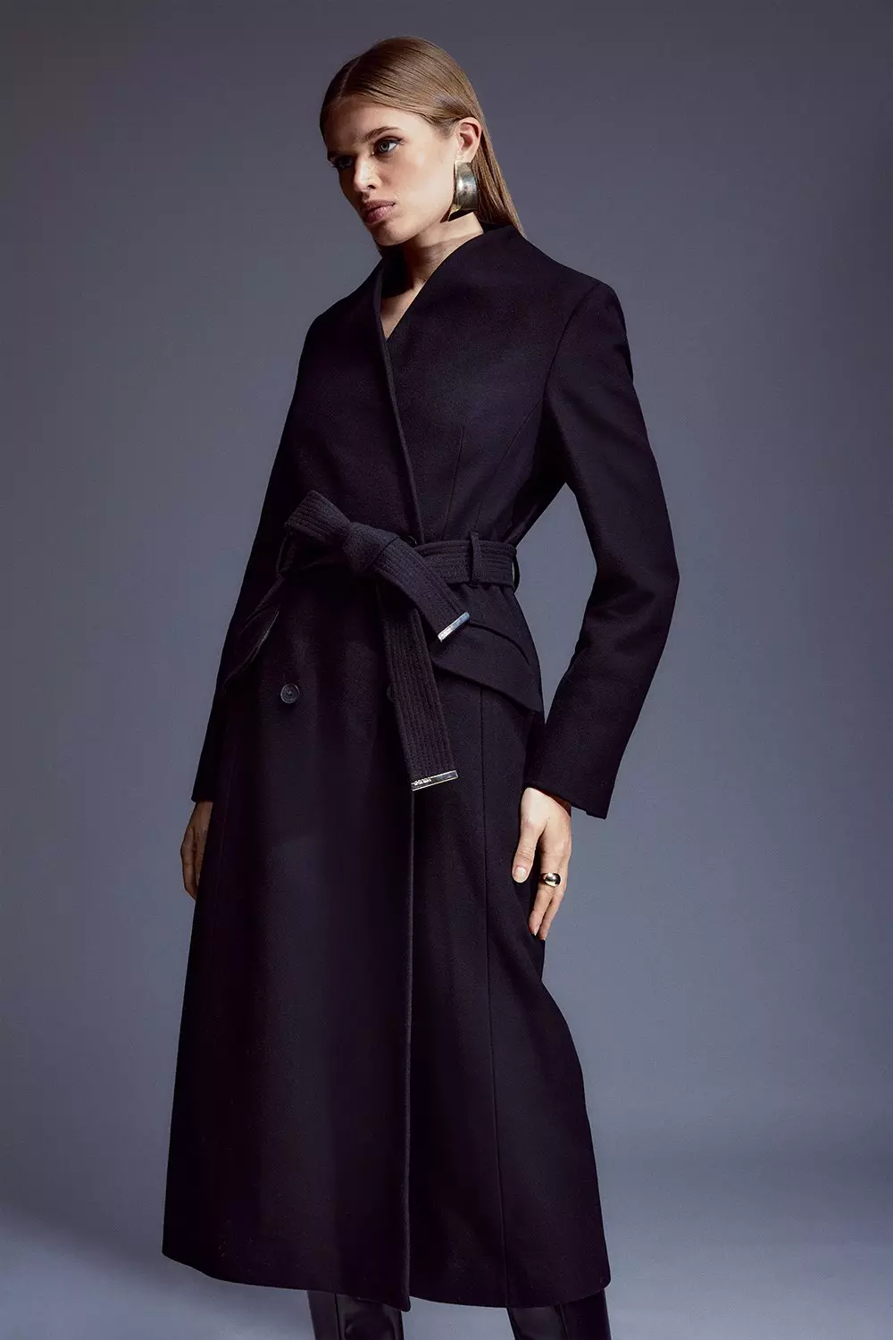 Italian Wool Blend High Neck Belted Midaxi Coat | Karen Millen