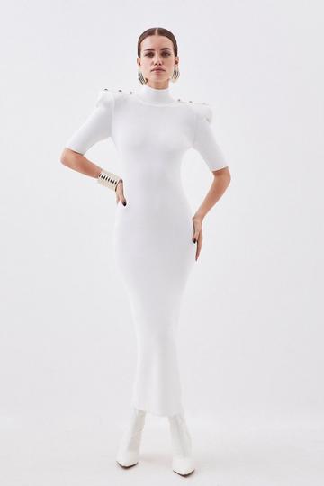 Petite Viscose Blend Rib Knit Power Shoulder Military Trim Maxi Dress ivory