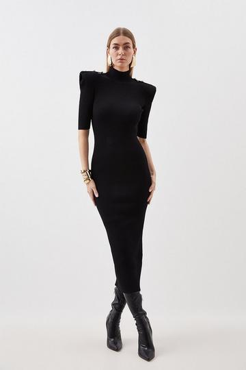 Black Viscose Blend Rib Knit Power Shoulder Military Trim Maxi Dress