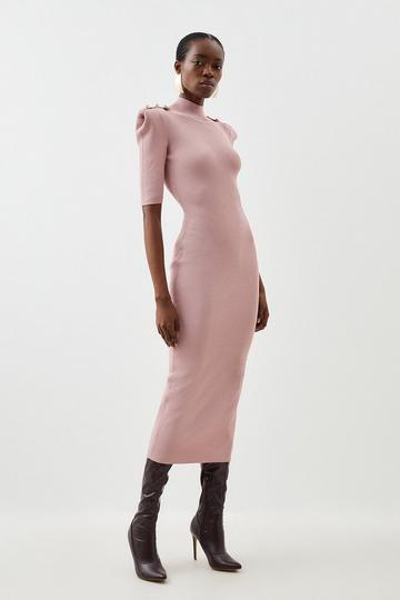 Blush Pink Viscose Blend Rib Knit Power Shoulder Military Trim Maxi Dress