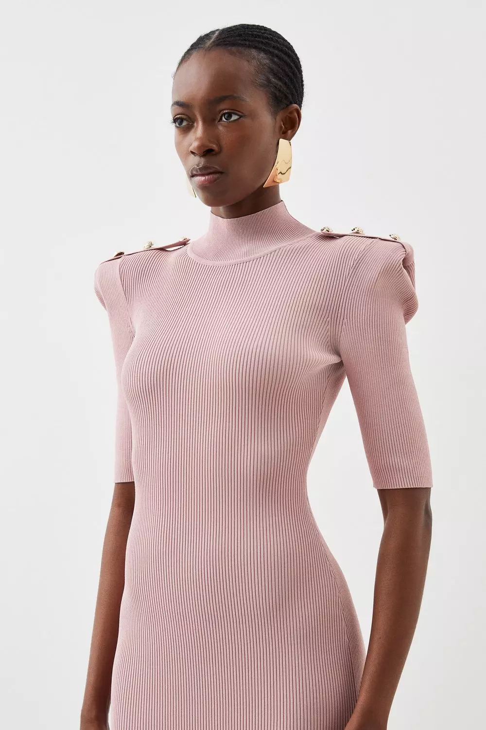 Button Detail Knitted Rib Dress | Karen Millen