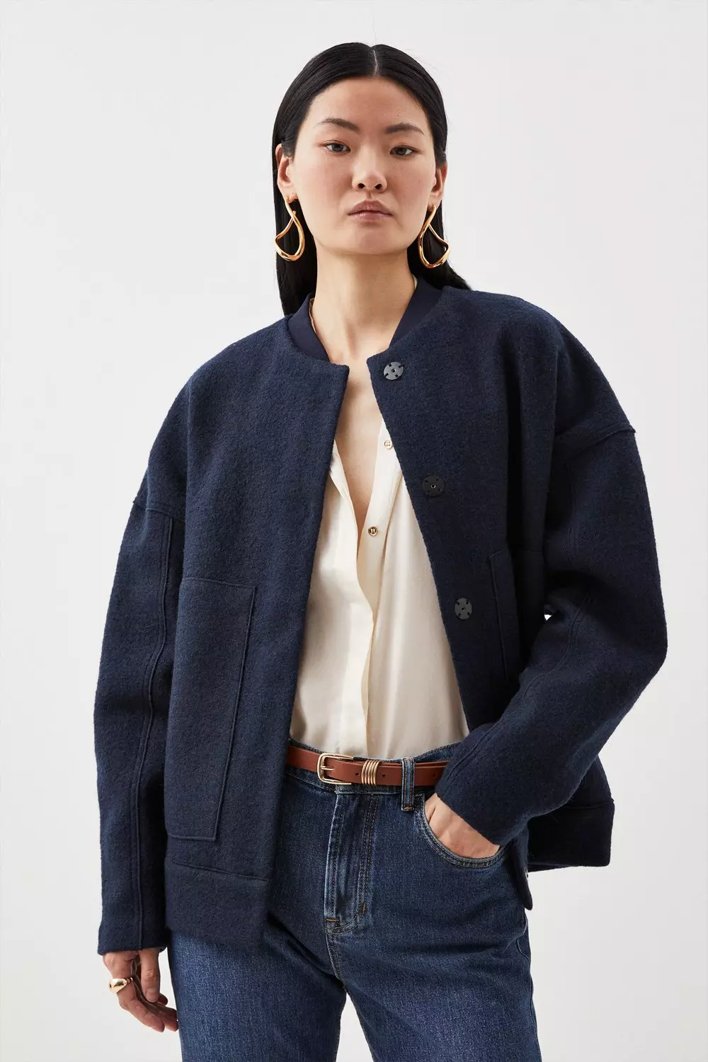 Premium 100% Washed Wool Bomber Knit Jacket | Karen Millen