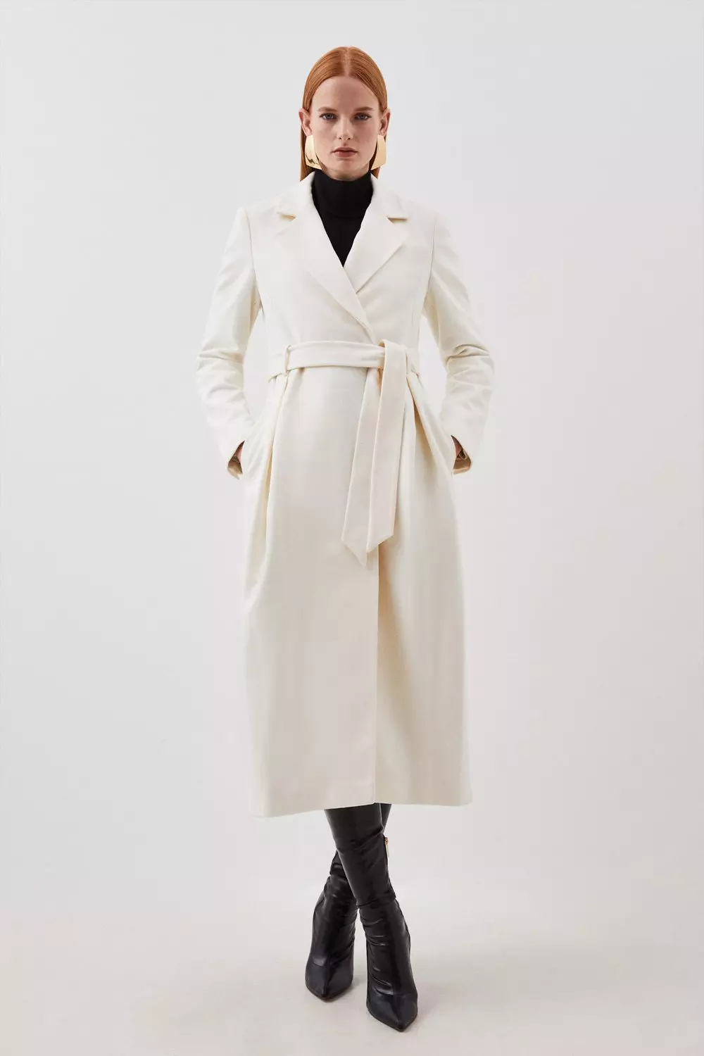 Italian Wool Wide Belted Pleat Detail Midi Coat | Karen Millen