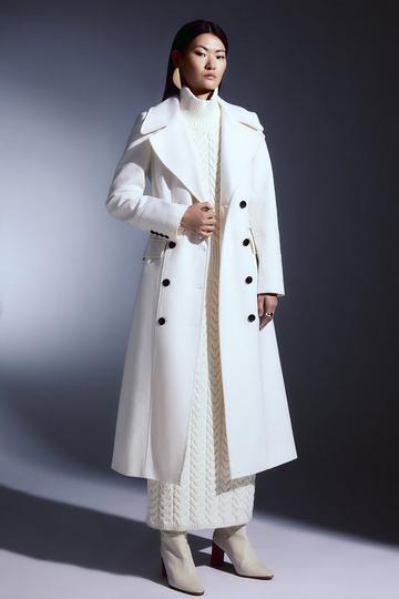 Italian Wool Blend Tab Belt Detail Double Breasted Coat ivory